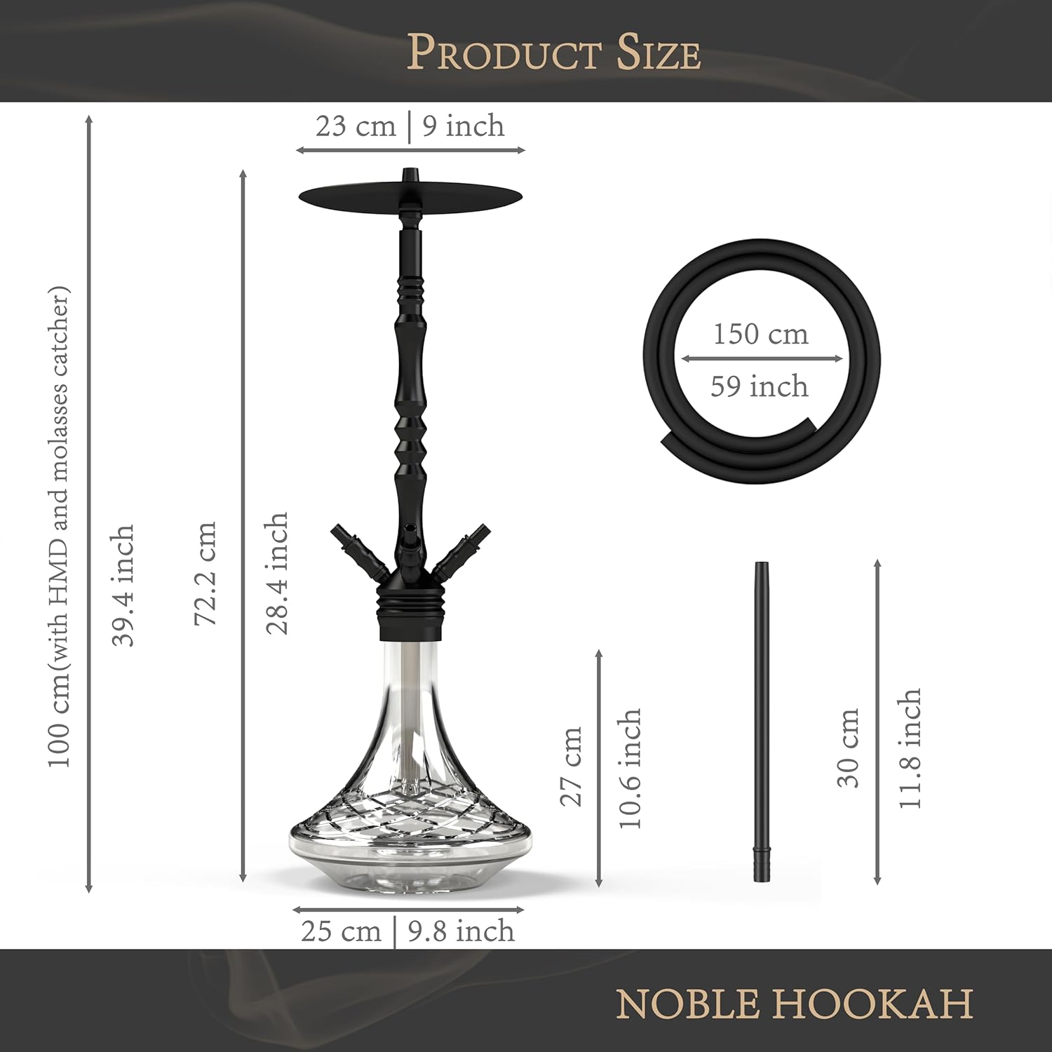 NOBLE HOOKAH 40"Hookah Set 4 Hose with Everything Large Size Made of Aluminium with LED Light,Handmade Glass Base Molasses Catcher Equipped, Ceramic Bowl, Stainless Steel Heat Management,Tongs