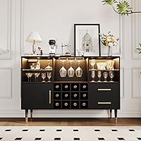 BouPower 47" Black Bar Cabinet with LED Lights & Charging Station - Freestanding Liquor Wine Storage for Living Room Kitchen