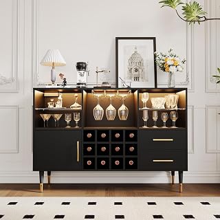 47*15*33" Wine Bar Cabinet with Storage Hutch,Liquor Cabinet Coffee Bar with Colorful LED Lights,Modern Liquor Cabinets with 12-grid Wine & 2 Drawers, Pantry Cabinet for Kitchen, Living Room (Black)