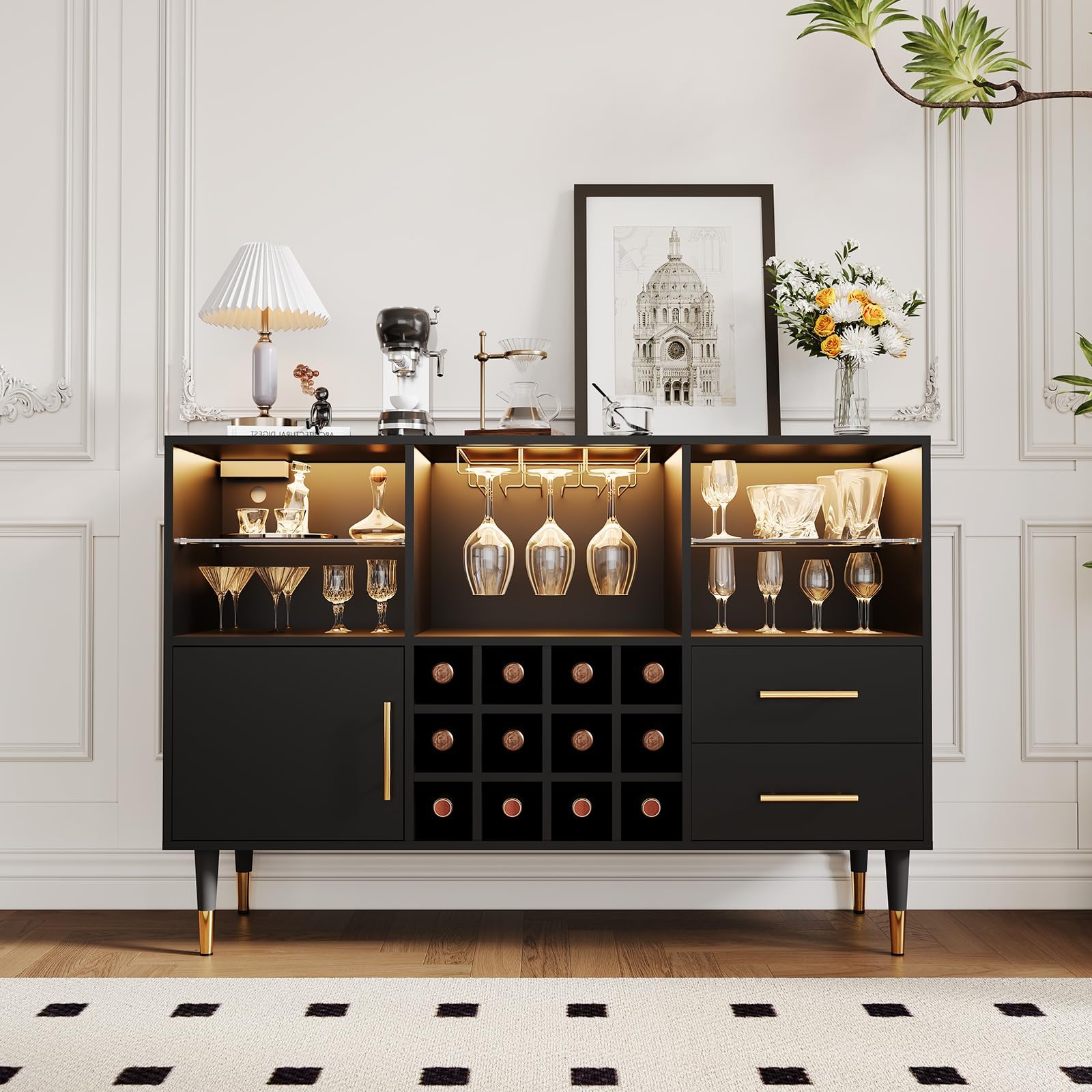47" Bar Cabinet with LED Lights &amp; Charging Station, Freestanding Liquor Cabinet with for Living Room, Decorative Kitchen and Living Room Compact Wine Bottle Storage for Living Room, Black