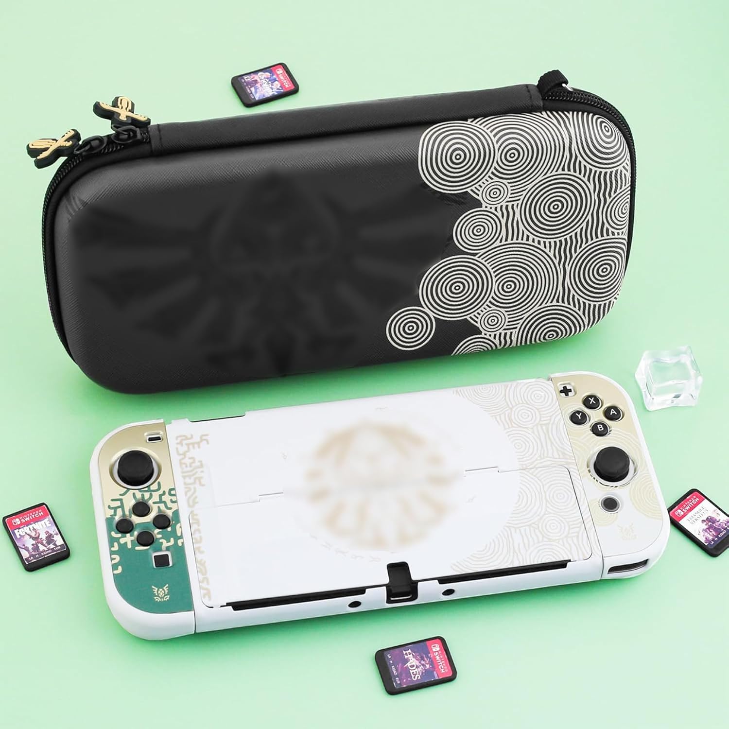RHOTALL Switch OLED Carrying Case for Zelda Tears of the Kingdom, Accessories Kit for Nintendo Switch OLED with 10 Game Cards Slot,Portable Travel Case with Hard Protective Case Cover,Screen Protector and 2 Thumb Caps-Black
