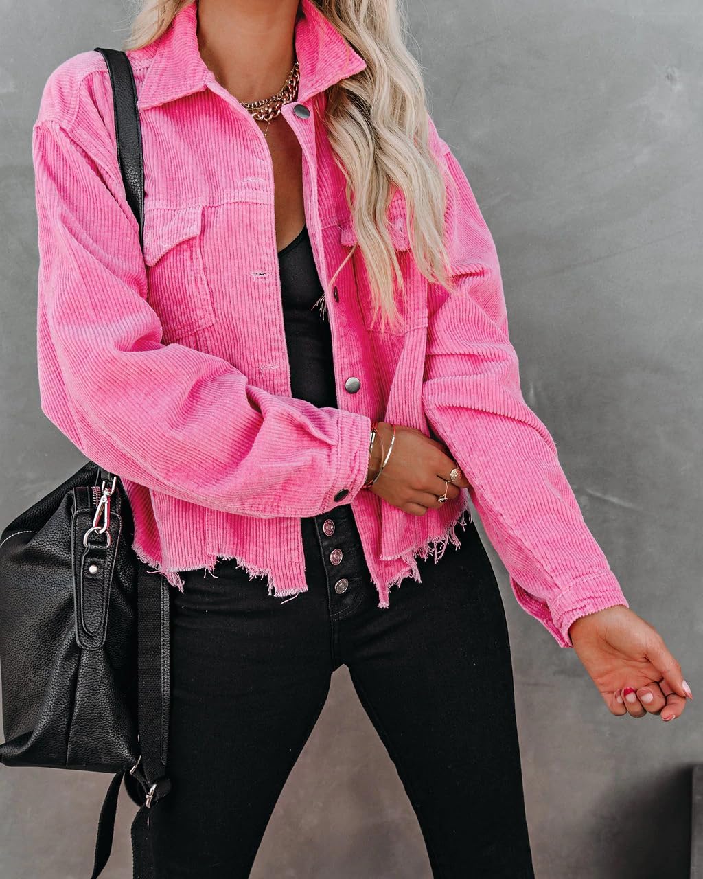 Womens Cropped Corduroy Jacket Casual Button Down Shacket Coat Fringe with Frayed Hem - Image 2