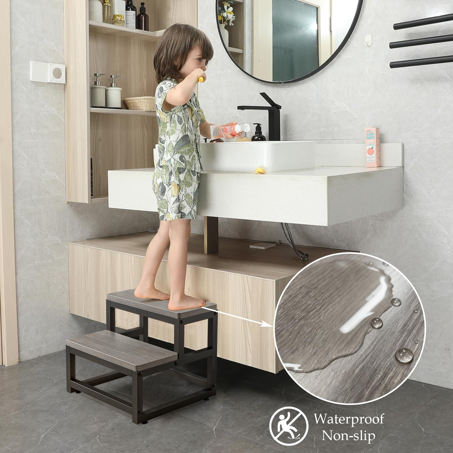 Taburete de madera, estable y práctico, taburete de 2 niveles para niños y adultos, función antideslizante, antideslizante, asiento seguro, baño, dormitorio, balcón