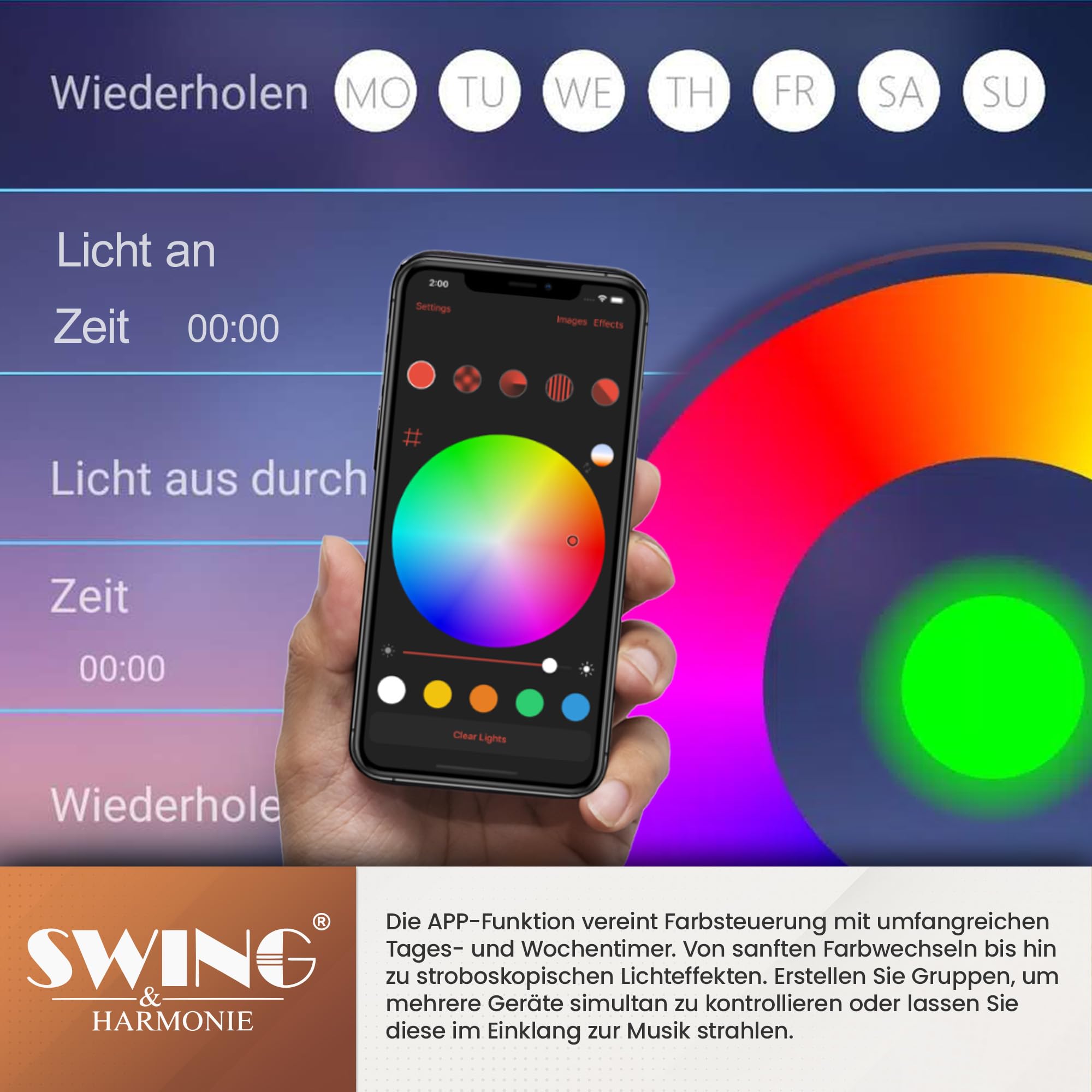 Swing & Harmonie Luxus LED Sonnenschirm mit RGB Beleuchtung inkl. Fernbedienung, APP Steuerung, Ampelschirm, Garten Schirm