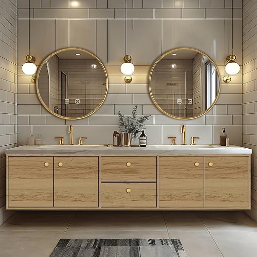 Bathroom Vanity - Floating Bathroom Vanity with Double Sinks Includes Log Color Wall-Mounted Storage Cabinet, Double Drawers, Oval Smart Lighting Mirrors (84IN)