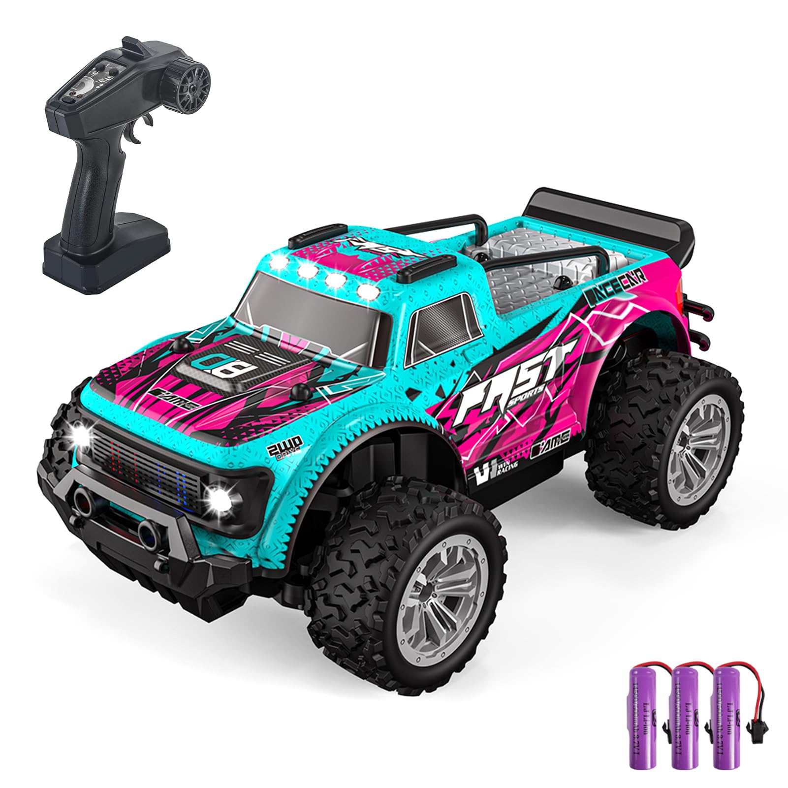 Voiture télécommandée 4WD tout-terrain à haute vitesse avec phares LED et 3 batteries
