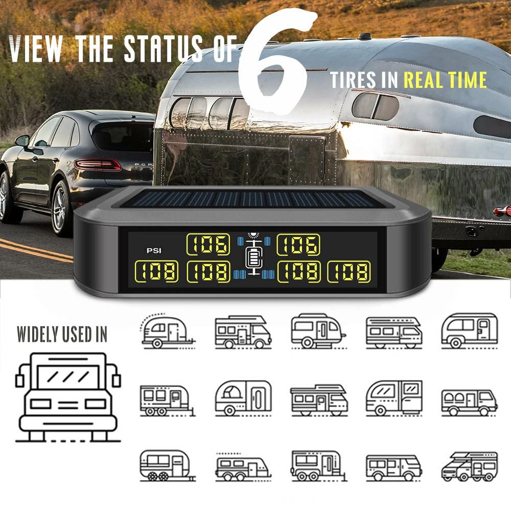 Solar Powered Tire Pressure Monitoring System with 6 Sensor (0～199 Psi) & Repeater, 7 Alarm Modes for Trailer, Coach, Motor Home, Truck