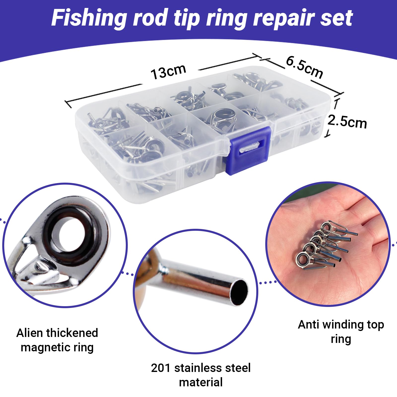 XINFAQAQ 50 Piezas Kit de Reparación de Punta de Caña de Pescar, 1,6-3,8mm Anillo de Punta de Caña de Pescar con Anillo de Cerámica 10 Tamaños para Pesca en Agua Salada y Dulce — view 3