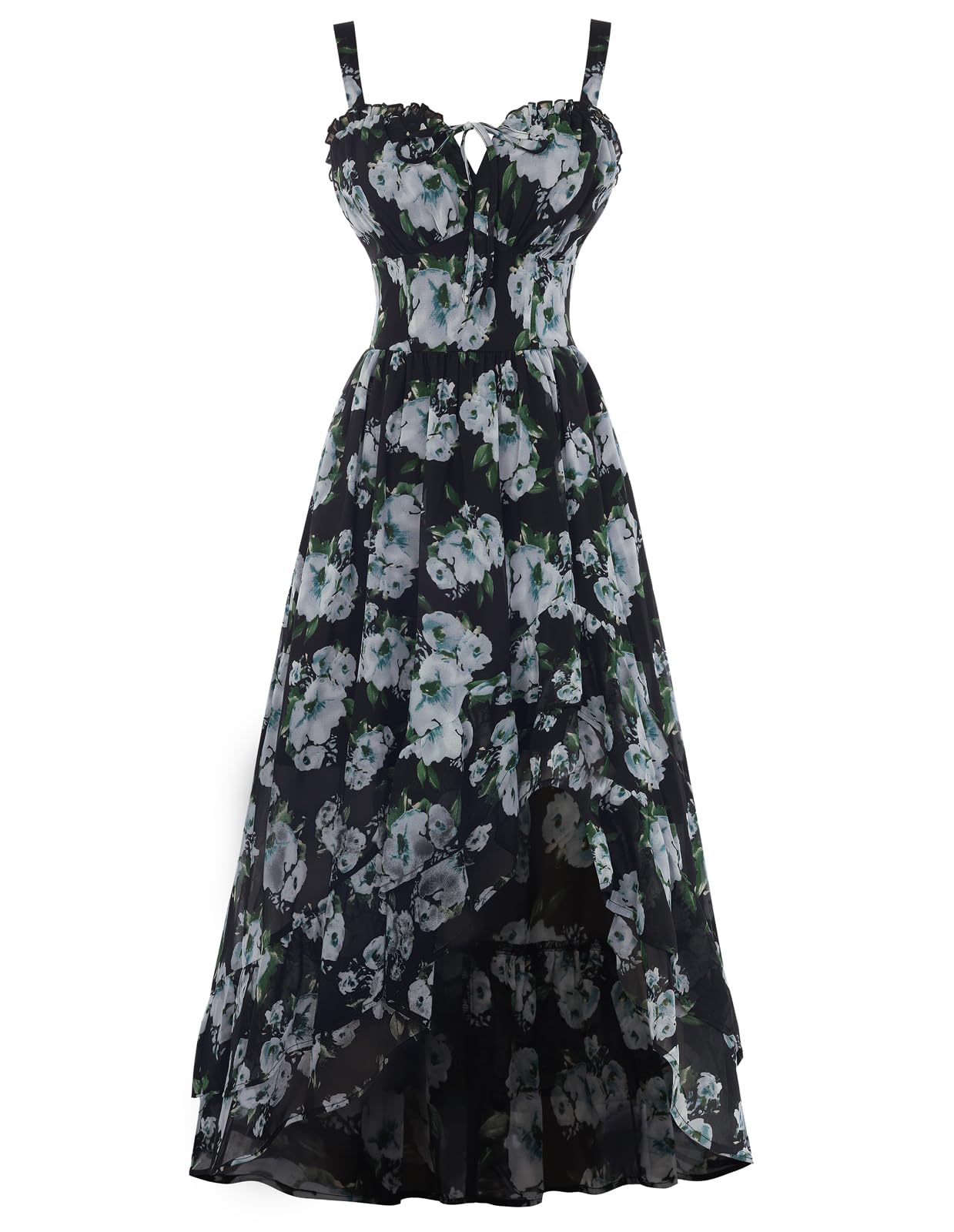 Scarlet Darkness Damen Viktorianisches Blumenkleid Spaghettiträger Sommerkleid High-Low Rüschensaum Lang Kleider Schwarz mit Blau Blumen S
