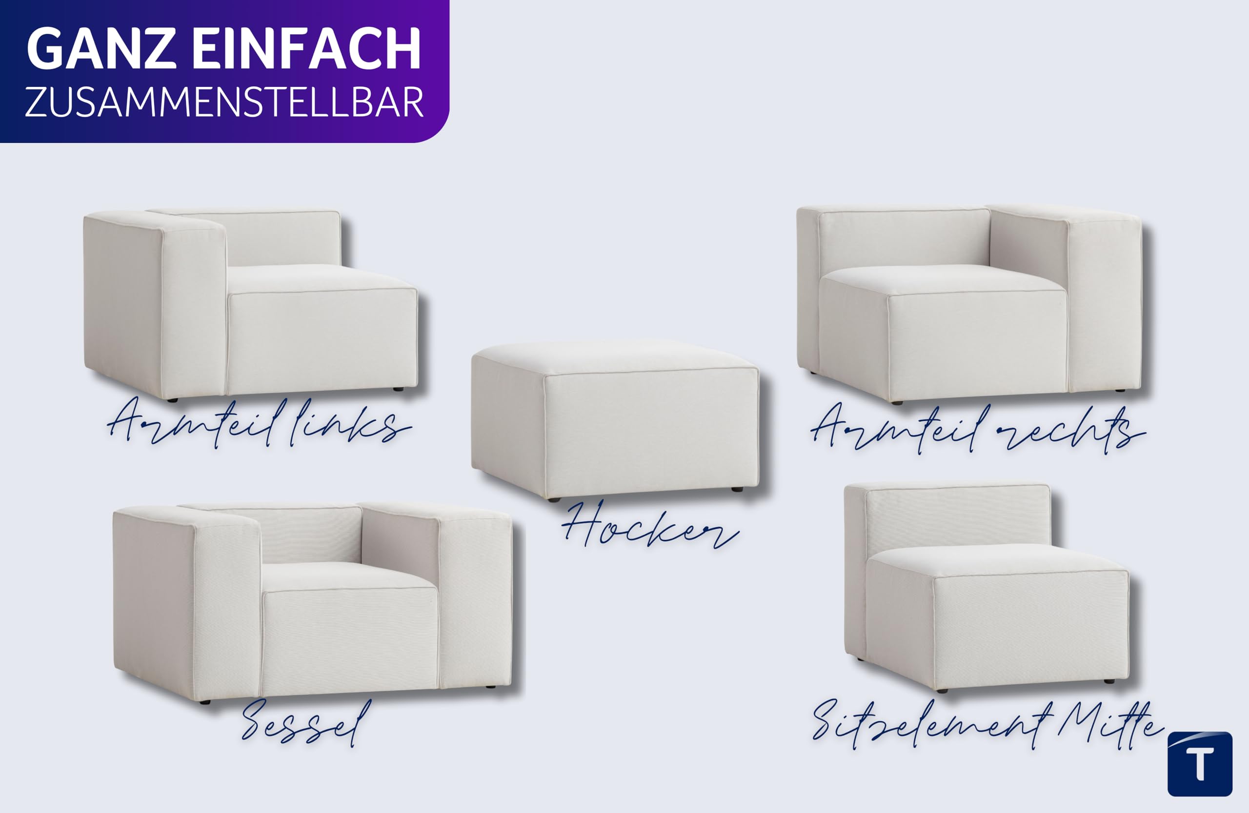 Traumnacht Genua Modular Sofa, individuell kombinierbare Wohnlandschaft, Sitzelement ohne Armteil - strapazierfähiges Möbelgewebe, produziert nach deutschem Qualitätsstandard, weiß