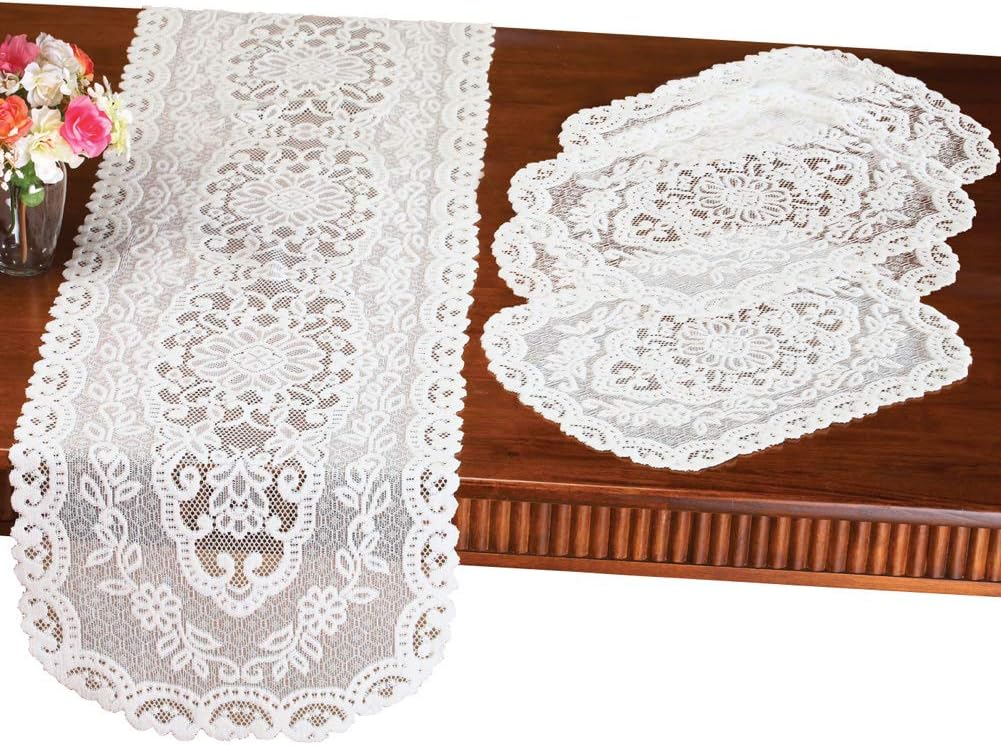 Collections Etc Kitchen Table Lace Runner & Placemats - 5 pc, Cream