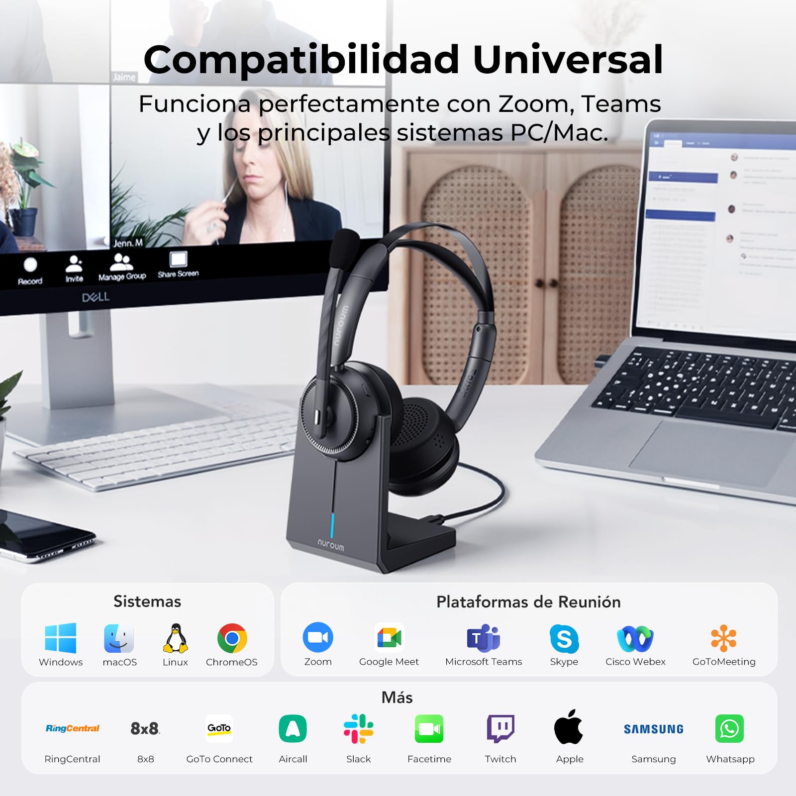 Nuroum HP31D 2026 Auriculares Bluetooth con Estación de Carga, Auriculares Inalambricos PC, Cancelación de Ruido ENC, Dongle USB/Bluetooth 5.4, 45H Tiempo de Trabajo para Teams/Oficina/Call Center