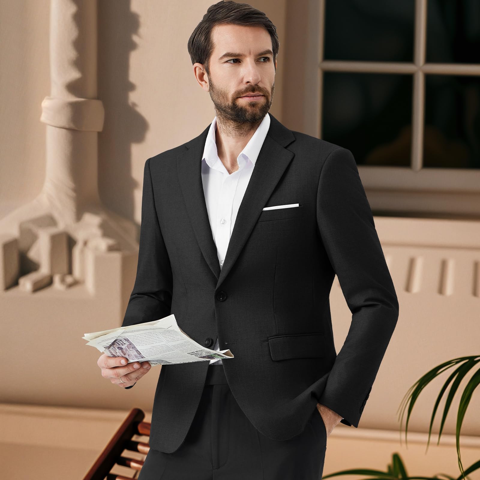 Chaqueta de Traje para Hombre de Dos Botones Blazer de Color Liso de Negocios Business