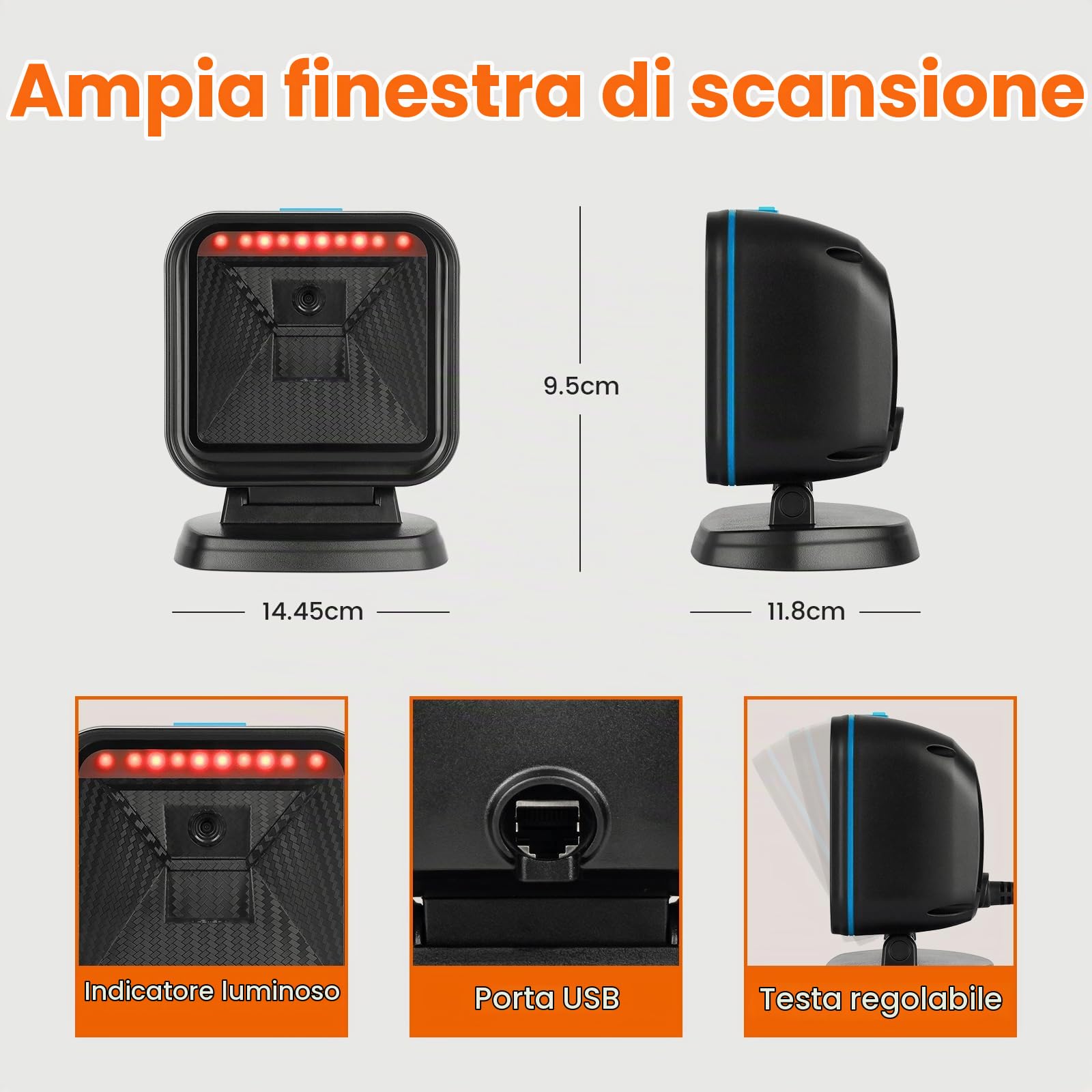 OBZ 1D 2D lettore Barcode da Banco, Lettore Codice a Barre cavo USB Cablato Lettore QR Code e Barcode per PC, Scanner di Codici a Barre da Tavolo Magazzino Supermercato Negozio POS