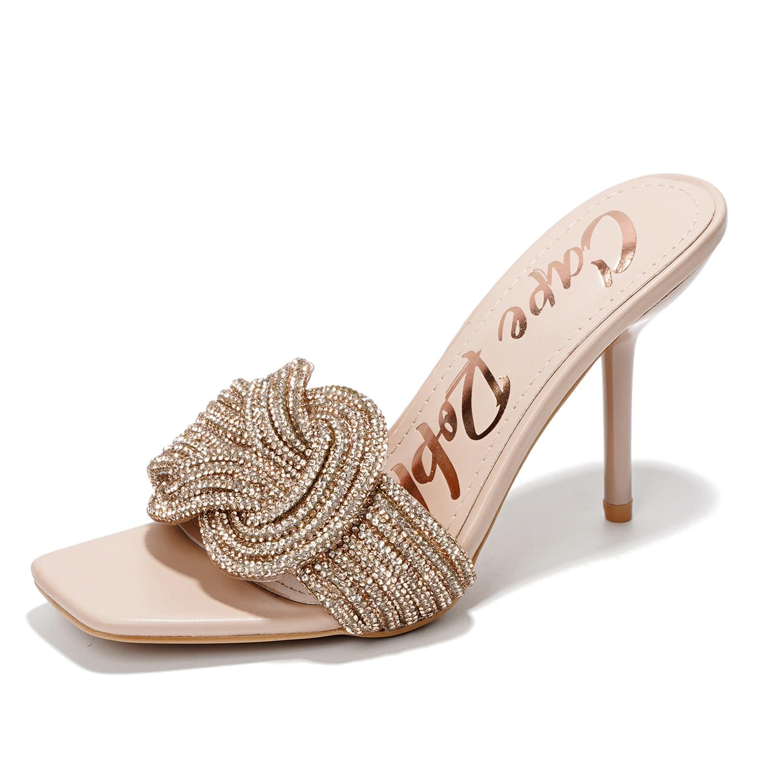 Cape Robbin Women's Stiletto Heels - Slip-On Sandals with Rhinestone-Embellished Knot & Open Toe (Flynn)