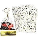 COQOFA 100 Pcs Star Printed 3X 5 Gift Wrap Cello Cellophane Treat Bags Party Favor bags Clear Candy Cookie Bags Plastic Poly Goodie Storage Bags with Twist Ties for Bakery,Birthday, Wedding ,Party Decorations (Gold)