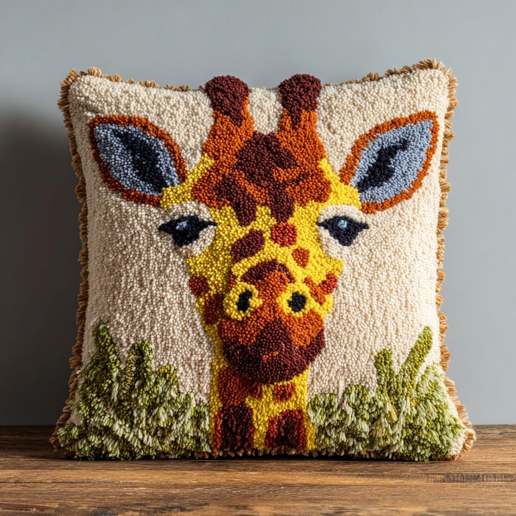 Henypt Latch Hook Cushion Kits for Beginners Animal Giraffe Pillow Cover Making Crochet Craft Kits Pre Printed Canvas Wool Yarn Hobbies DIY Sofa Home Decor 43x43cm