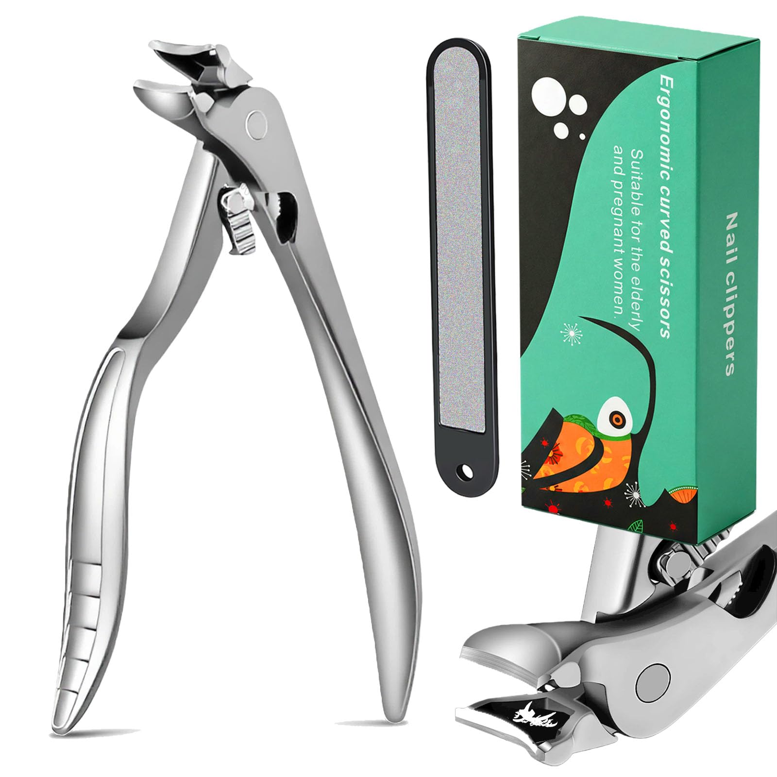 Tagliaunghie ergonomico curvo con manico lungo – Tronchesina unghie stile pinze, raccogli unghie integrato e interruttore di sicurezza, presa facile per anziani e unghie spesse (argento)