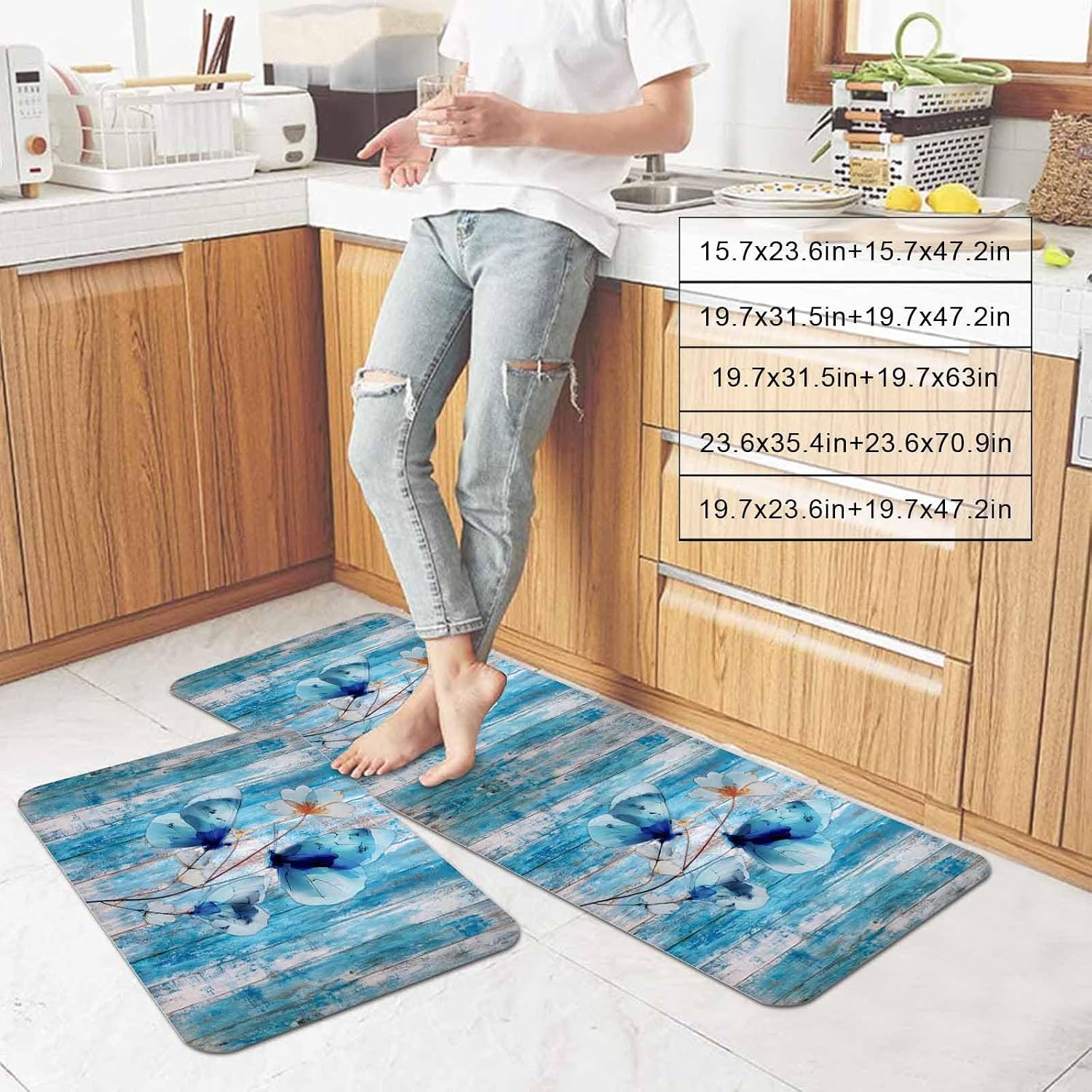 Blue Butterfly Kitchen Mat Set 2 Pieces Watercolor White Flowers Wood Striped Country Non Slip Kitchen Rugs Washable Runner Rug Mats for Floor Sink Laundry Office 15.7" x 23.6"+15.7" x 47.2"