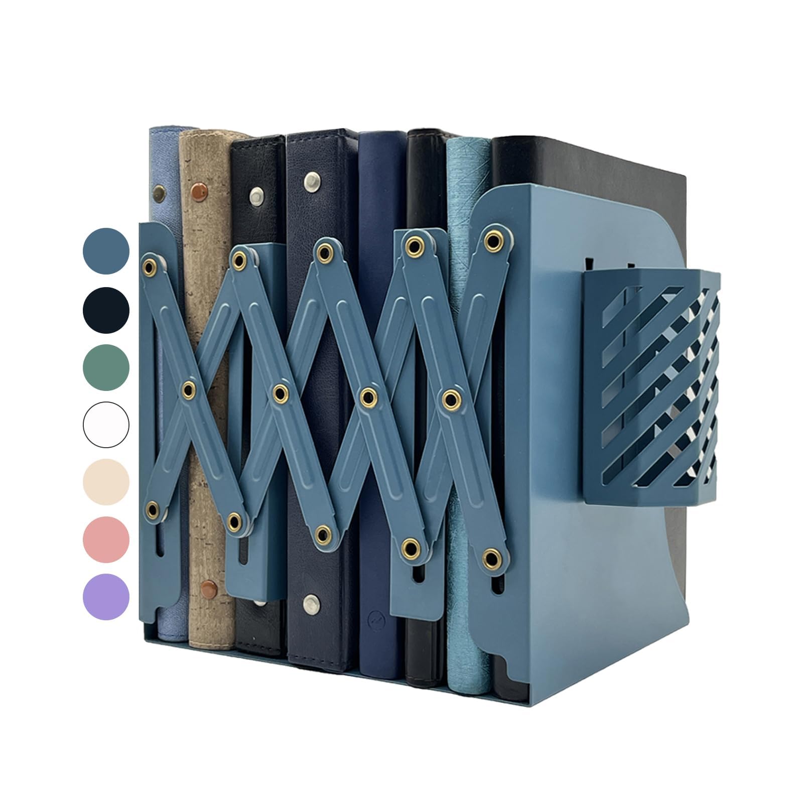 Kingsmile Book Ends, Adjustable Heavy Duty Metal Book Stoppers with Pen Holder for Desk Office Library Kids Room(Blue)
