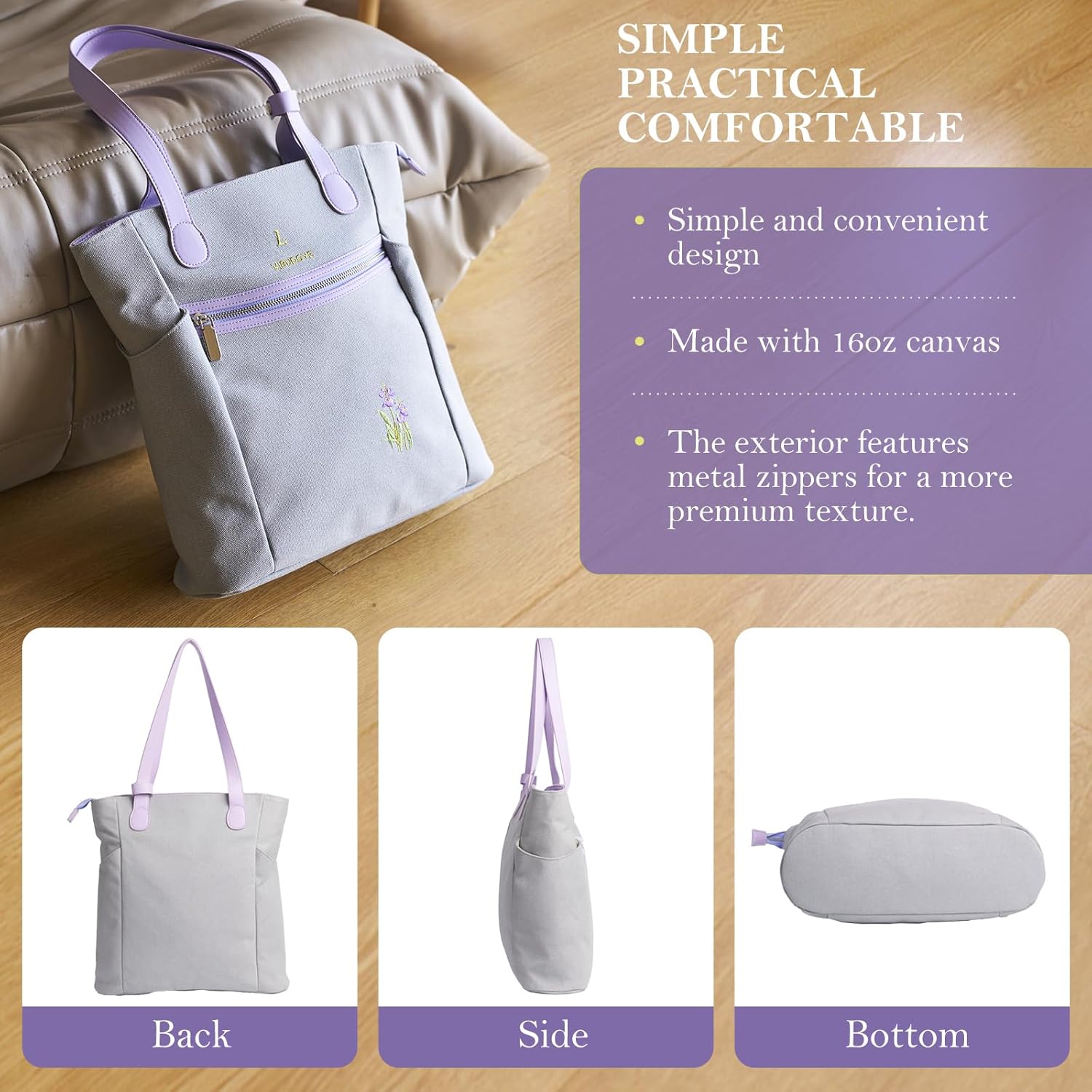 Women's Canvas Tote Bag, 13.7" Handbag with Elegant Embroidery, Metal Zipper & Faux Leather Quick-Snap Handles - Image 5