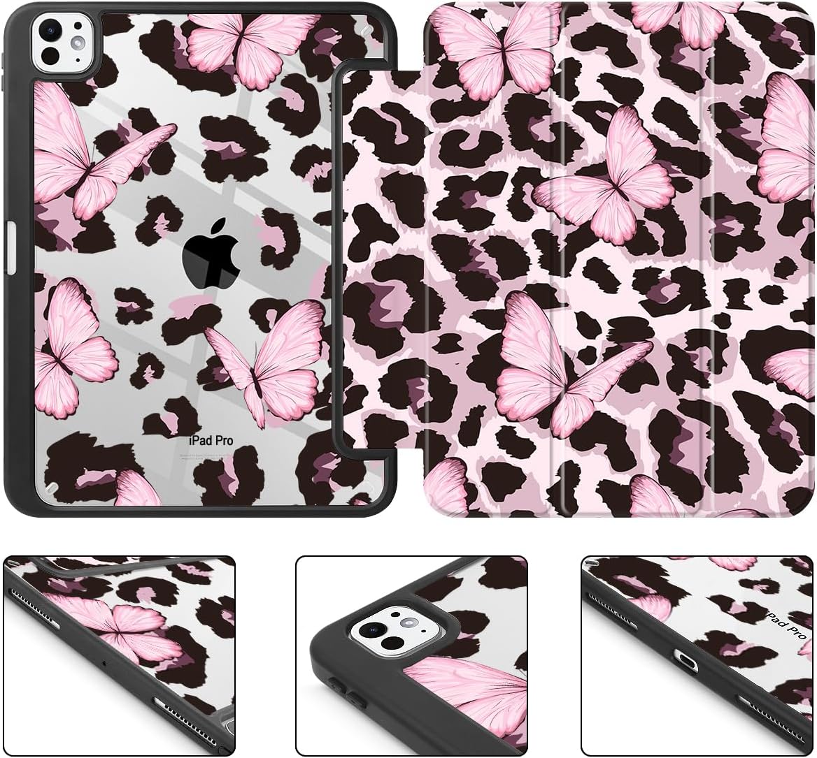 Mektron Case for M5/ M4 iPad Pro 11 inch 2025/2024 with Pencil Holder, Compatible Models: A3357/A3358/A3359/A2836/A2837/A3006, Shockproof Cover Clear Shell, Leopard Pink Butterfly