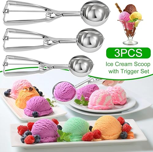 Miniatura 4 de Juego de 3 cucharas de helado, juego de cucharas de galletas de acero inoxidable con liberación de gatillo, incluye cuchara multifuncional de tamaño