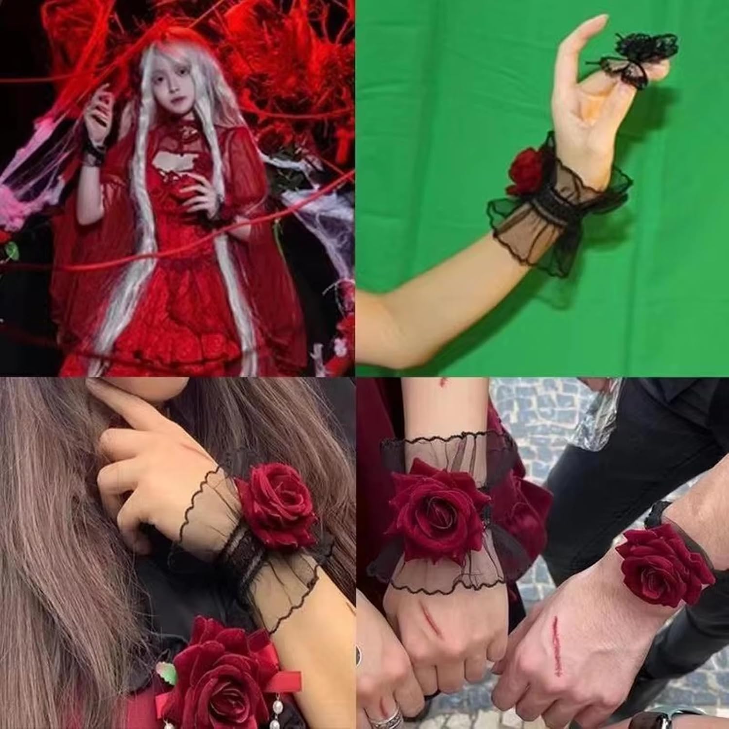 1 Pair Rose Lace Gloves Women Hand Sleeves, Black Tulle Gloves Lace Elastic Bracelet Wrist Cuffs For Wedding, Brides, Bridal, Bridesmaids, Halloween Costumes Prom Masquerade
