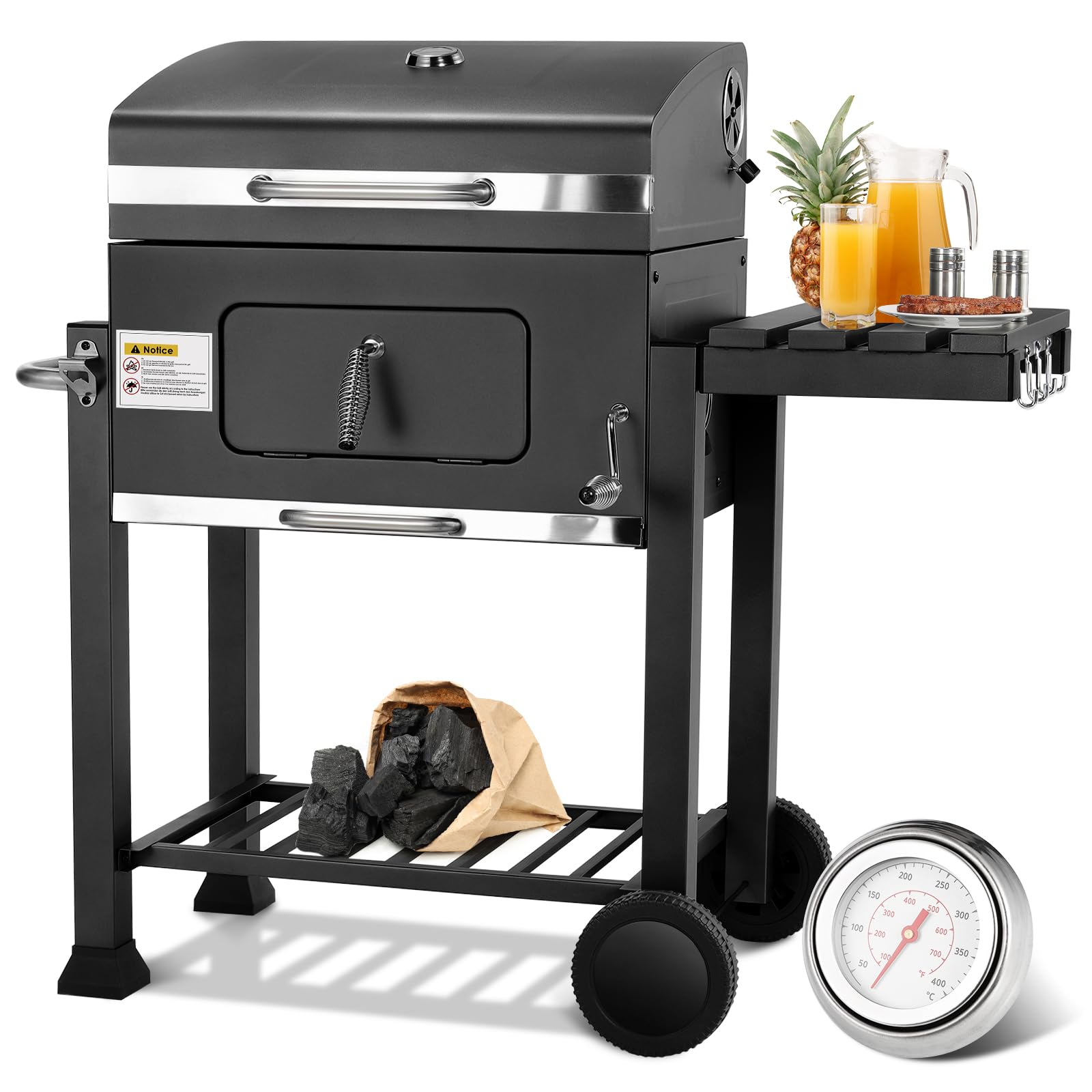 TLSUNNY Barbecue Carbonella con Coperchio, XL Barbecue a Carbone con Termometro, Ripiani Pieghevoli, Ruote, BBQ Carbonella in Giardino e all'aperto, Grande Capacità, Nero