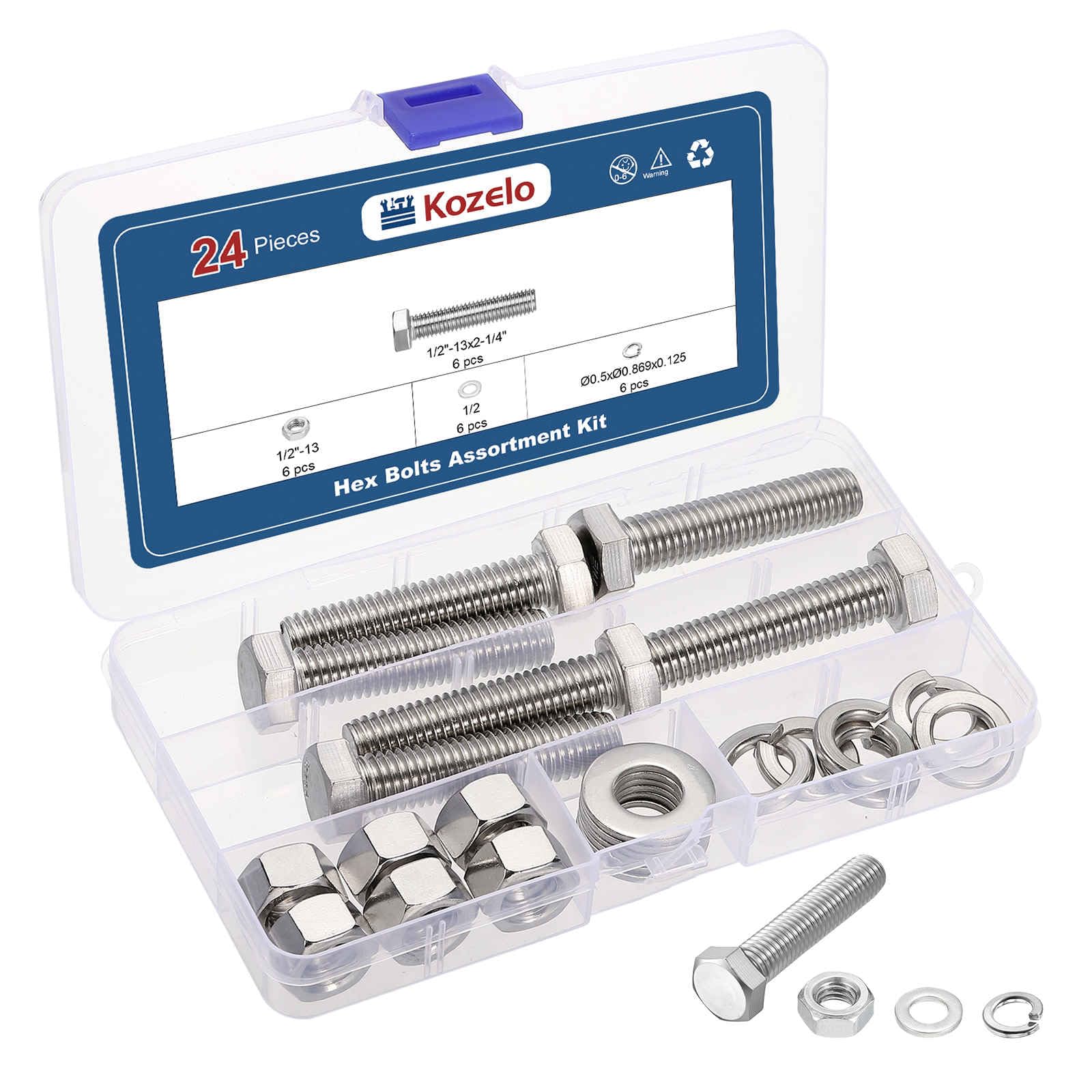 Kozelo 24 Pcs Bolts and Nuts Washers Kit - [1/2"-13x2-1/4"] 304 Stainless Steel Hex Tap Bolt Assortment Fully Threaded Hexagon Head Machine Bolts Right Hand, Silver Tone — image 1