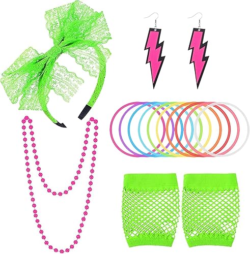 Miniatura 6 de Juego de accesorios de disfraz de neón de los años 80 para mujer, diadema de encaje, aretes, collar, pulsera y guantes de red