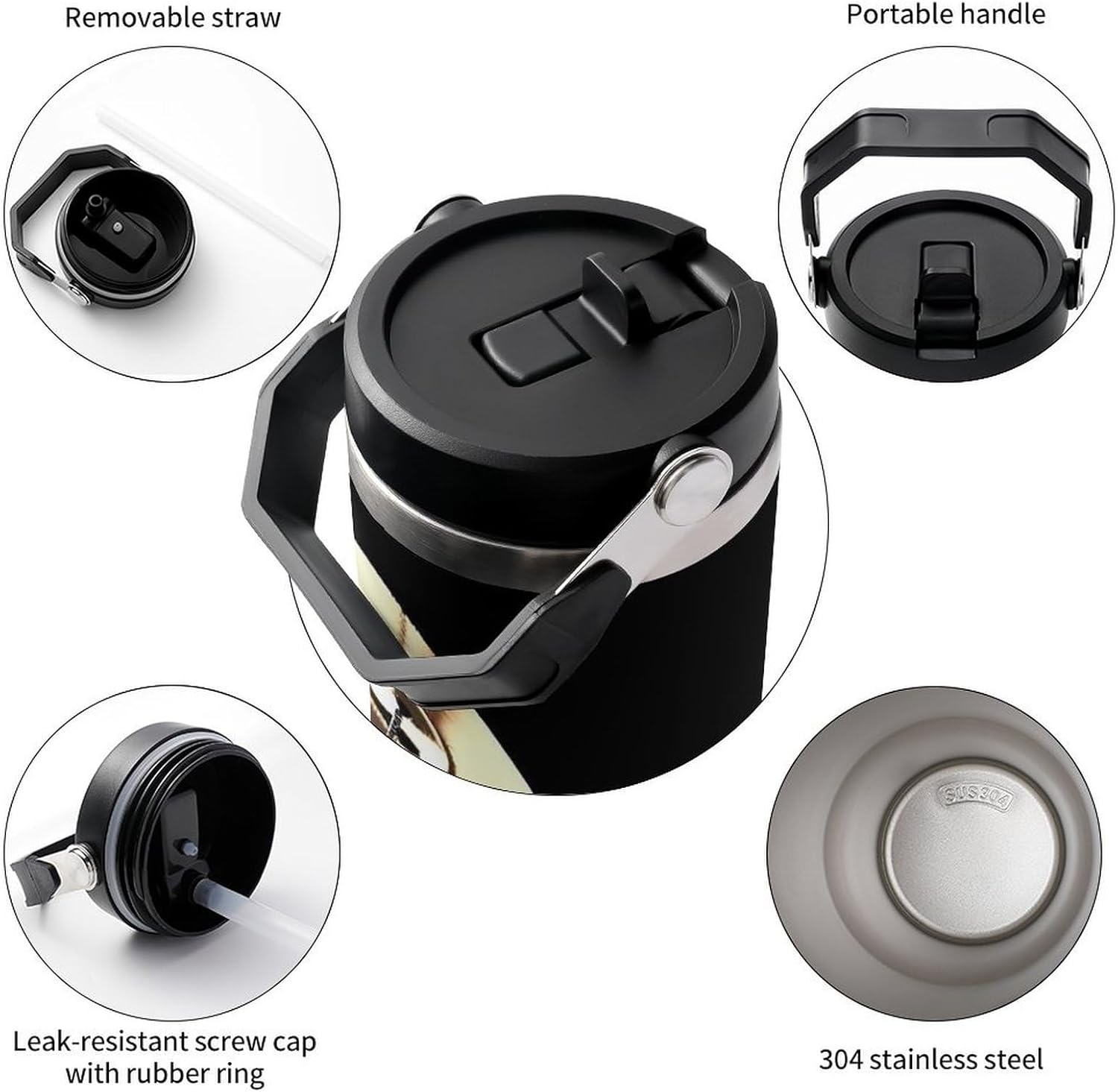 30oz Insulated Tumblers with Top Handle, Stainless Steel Cool Drum Set Car Cup with Straw for Gift, Leak-Proof Double Wall Vacuum Travel Mug, Personalized Water Bottles Black