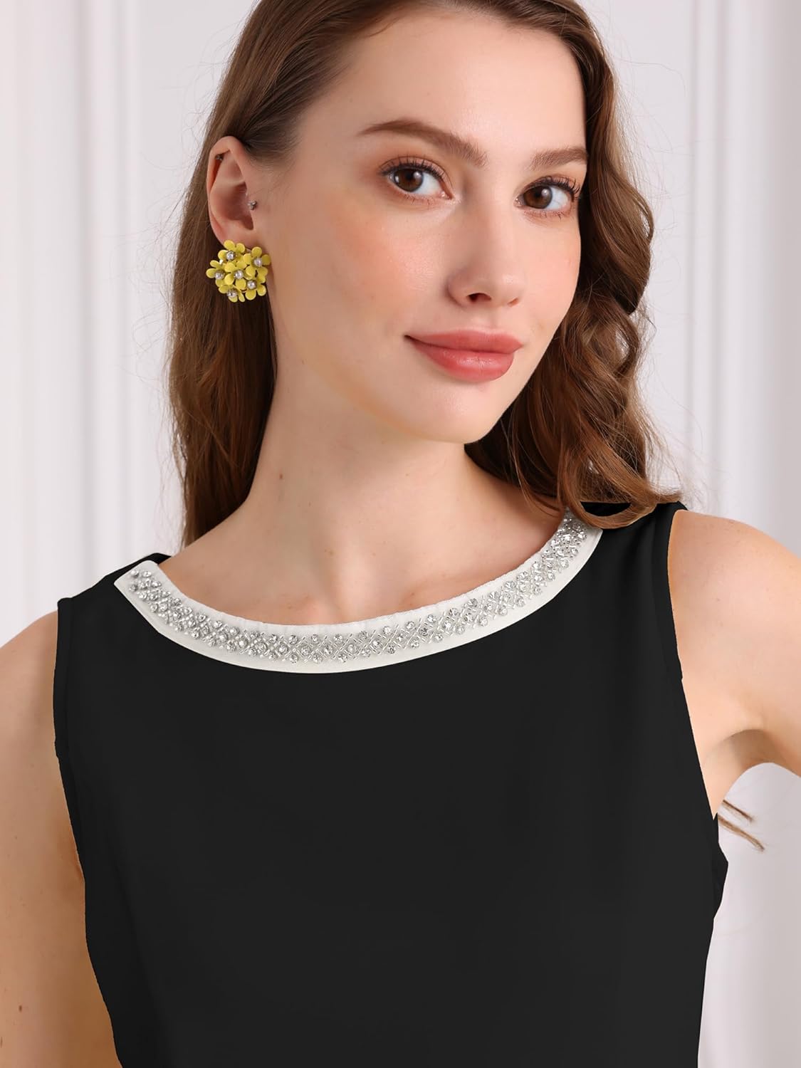 Women's Boat Neck Sheath Dresses Sleeveless Work Rhinestone Dress - Image 4