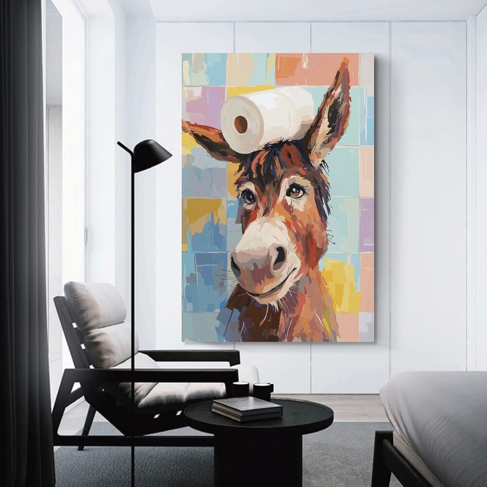 Junmoney Unframe-Style-11 Donkey With Toilet Paper On Head Wall Decor Canvas Print, 24X36inch(60X90cm), For Lounge, Bedroom Or Personal Spaces, Thoughtful Wall Decor For Art Lovers