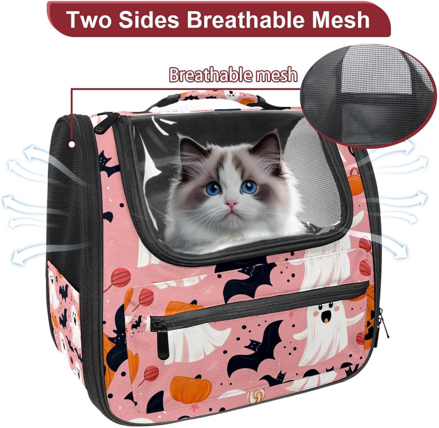 Portable Travel pet Backpack Carrier Hamster Bag Small Dog cat Carrier Breathable Hang Bag, Halloween Bats Candies Pumpkins