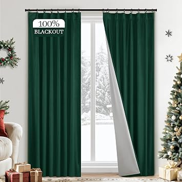 Yakamok 100% Blackout Velvet Curtains 84 Inches Long Pinch Pleated Dark Green Room Darkening Thermal Insulated Window Drape Back Tab Pinch Fold for Living Room Bedroom 2 Panels W38xL84 Olive Green