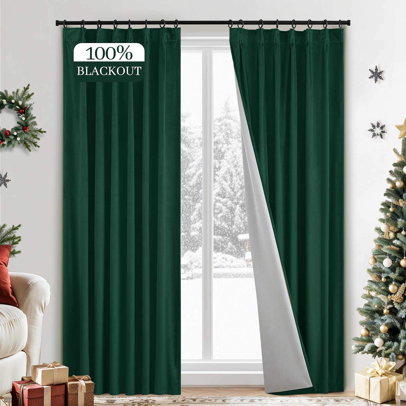 Yakamok 100% Blackout Velvet Curtains 84 Inches Long Pinch Pleated Dark Green Room Darkening Thermal Insulated Window Drape Back Tab Pinch Fold for Living Room Bedroom 2 Panels W38xL84 Olive Green