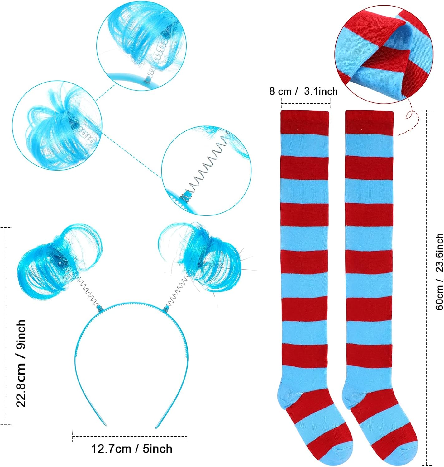 Women Tulle Tutu Costume Accessories Set, Women T Shirt Striped Thigh High Socks Adult Tutu Skirt Blue Headband - Image 2