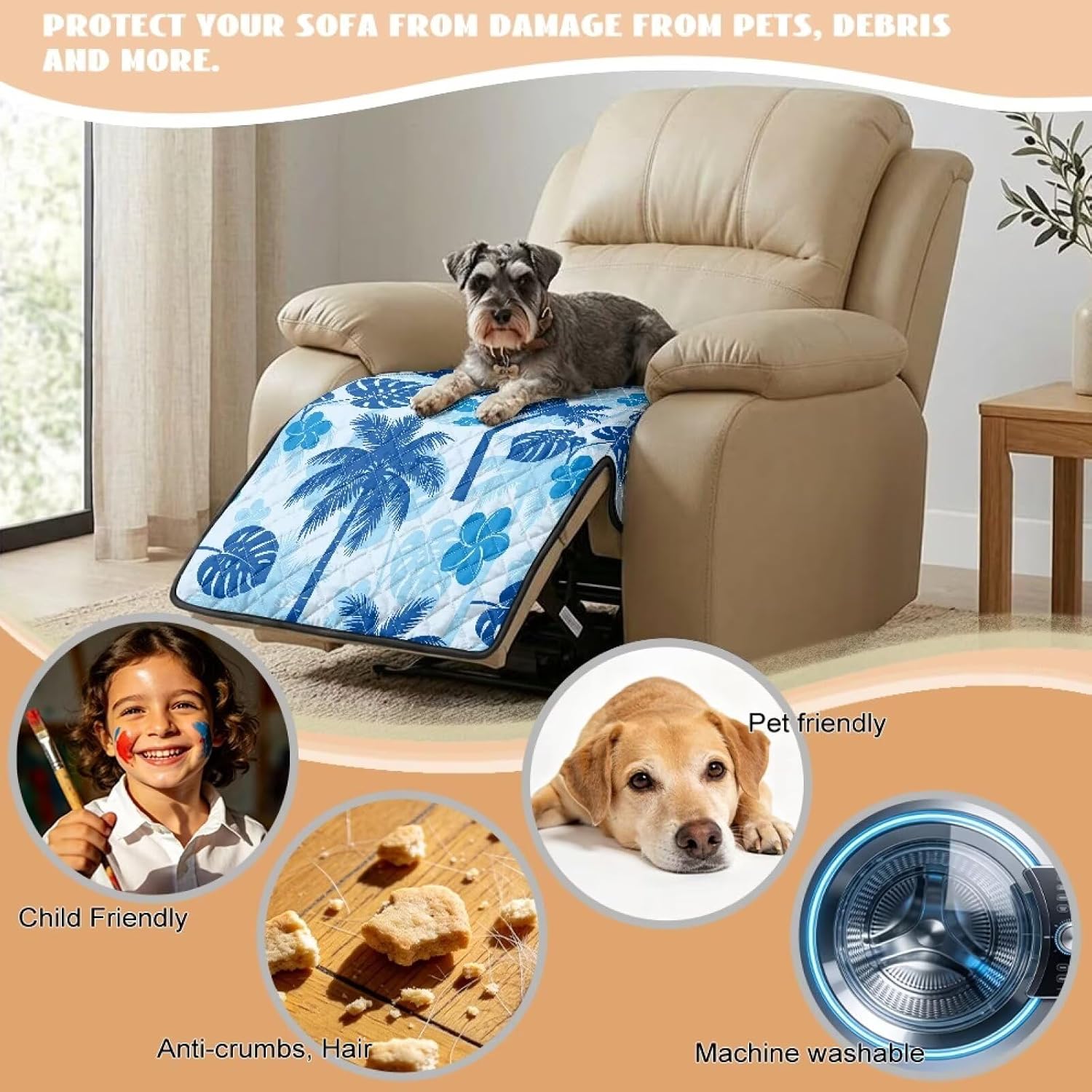 Tropical Monstera Leaf Print Recliner Chair Covers, Plumeria Palm Tree Dustproof Recliner Sofa Slipcover Stain Resistant Lazyboy Recliner Chair Cover for Kids and Pets