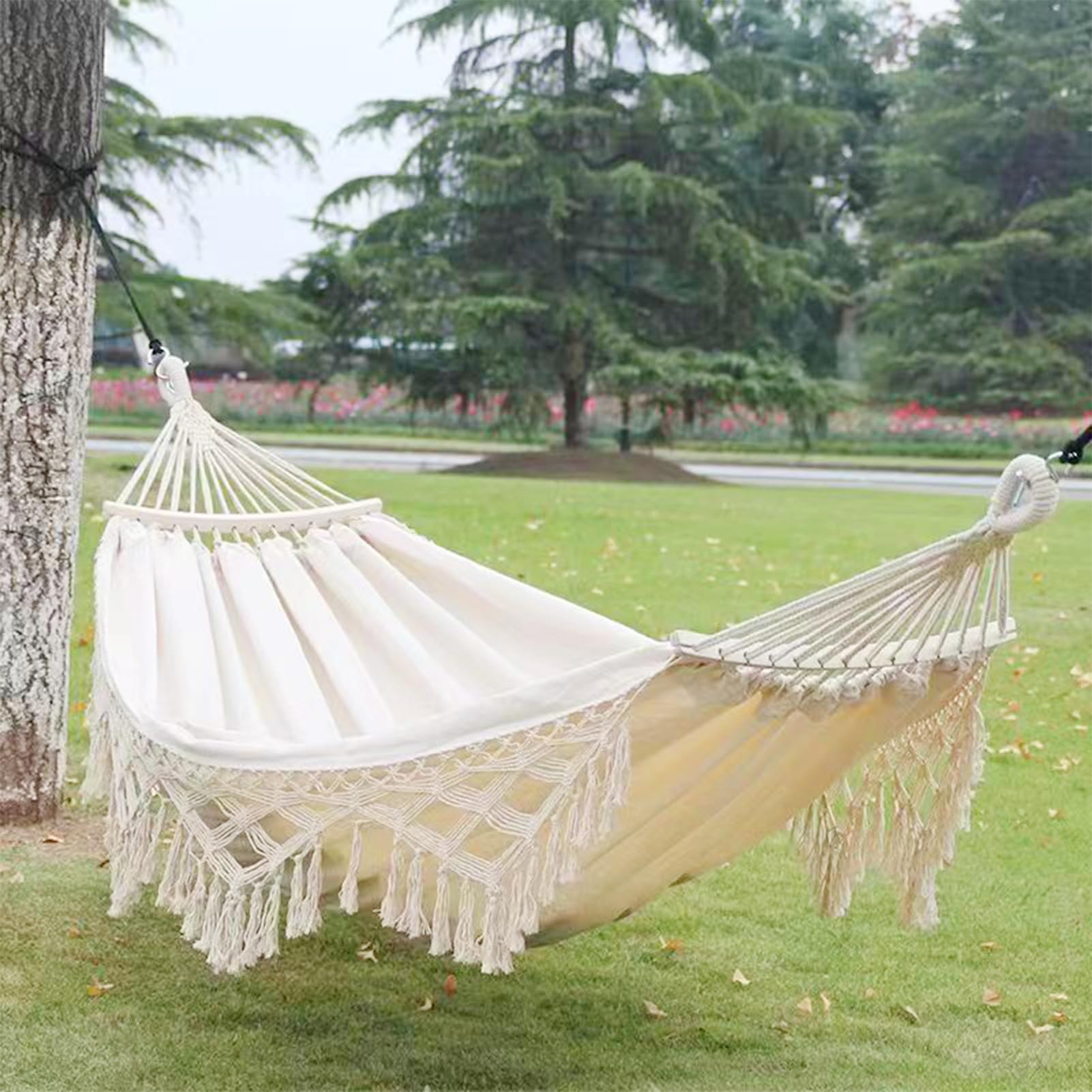 Hamac Extérieur Suspendu de Bohême avec Support, Tige en Bois et Sangle - Toile Macramé (Blanc)