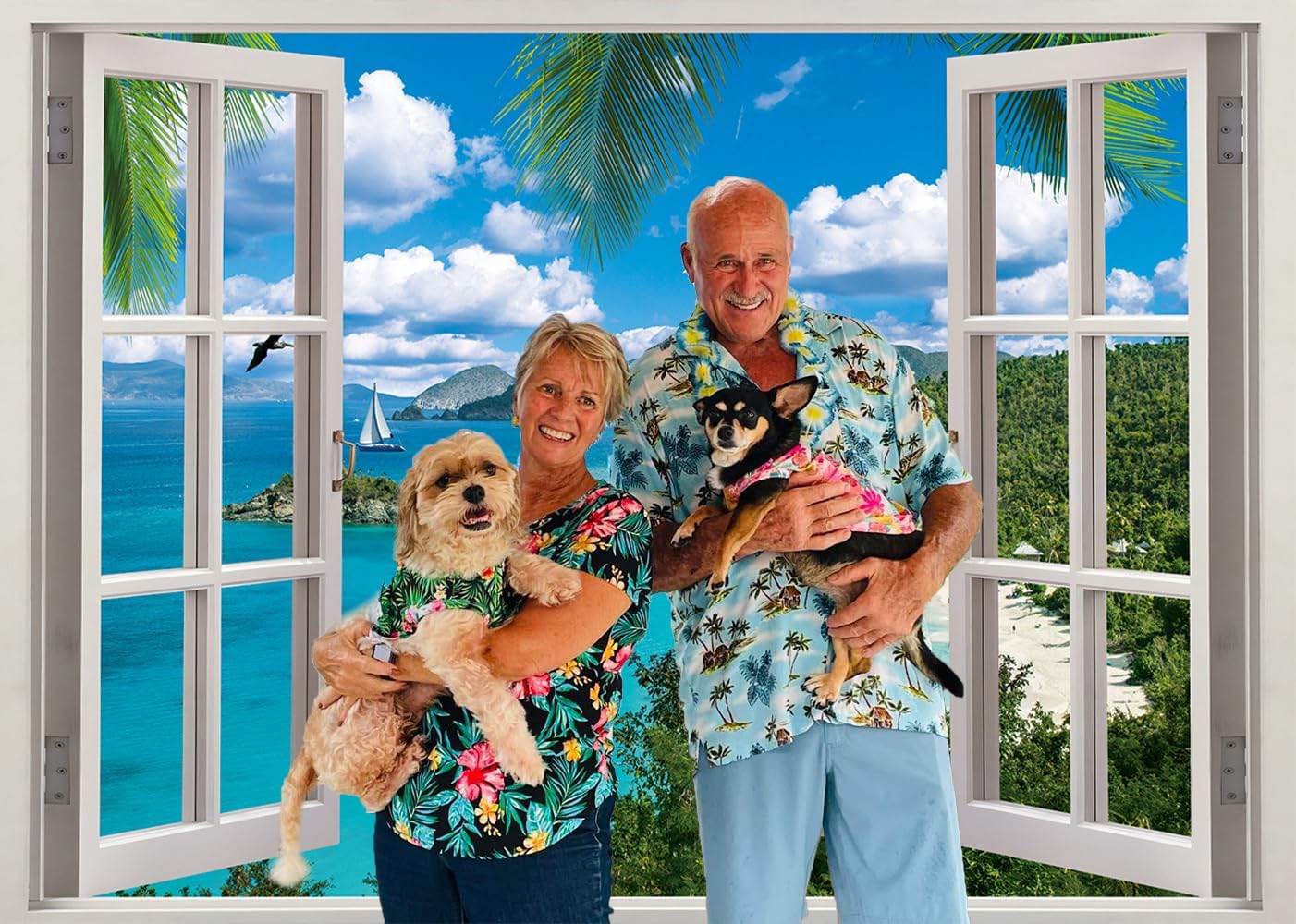 Summer Beach Window Backdrop Hawaiian Ocean Tropical Island Blue Sky Clouds Scenic Photography Background Luau Party Banner Living Room Bedroom Photo Booth Props (10x8FT)