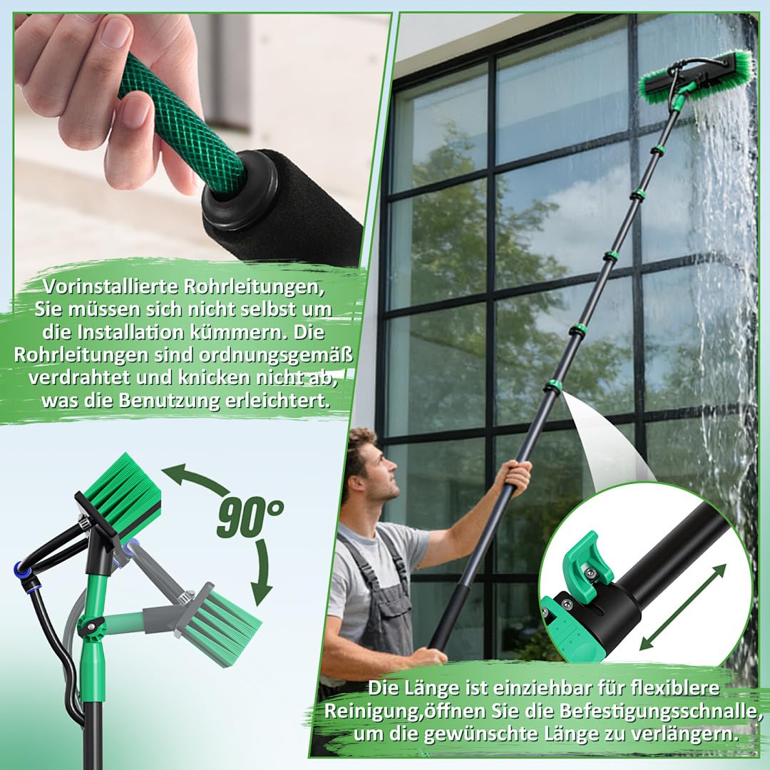 Teleskopbürste 4,8m Alu mit Wasseranschluss | Fensterputzer Set mit 360° Drehdüse, Hochdruckadapter & 10-in-1 Zubehör
