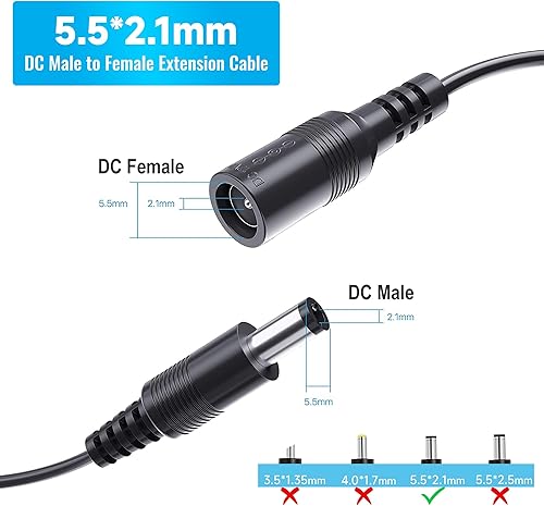 Miniatura 2 de Paquete de 2 cables de extensión de alimentación de 33 pies, cable de extensión de alimentación de 12 V CC de 0.083 in x 0.217 in, compatible con