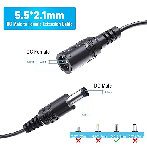Miniatura 2 de Paquete de 2 cables de extensión de alimentación de 32.8 ft, 33 pies, CC 12 V 0.083 in x 0.217 in, compatible con adaptador de fuente de