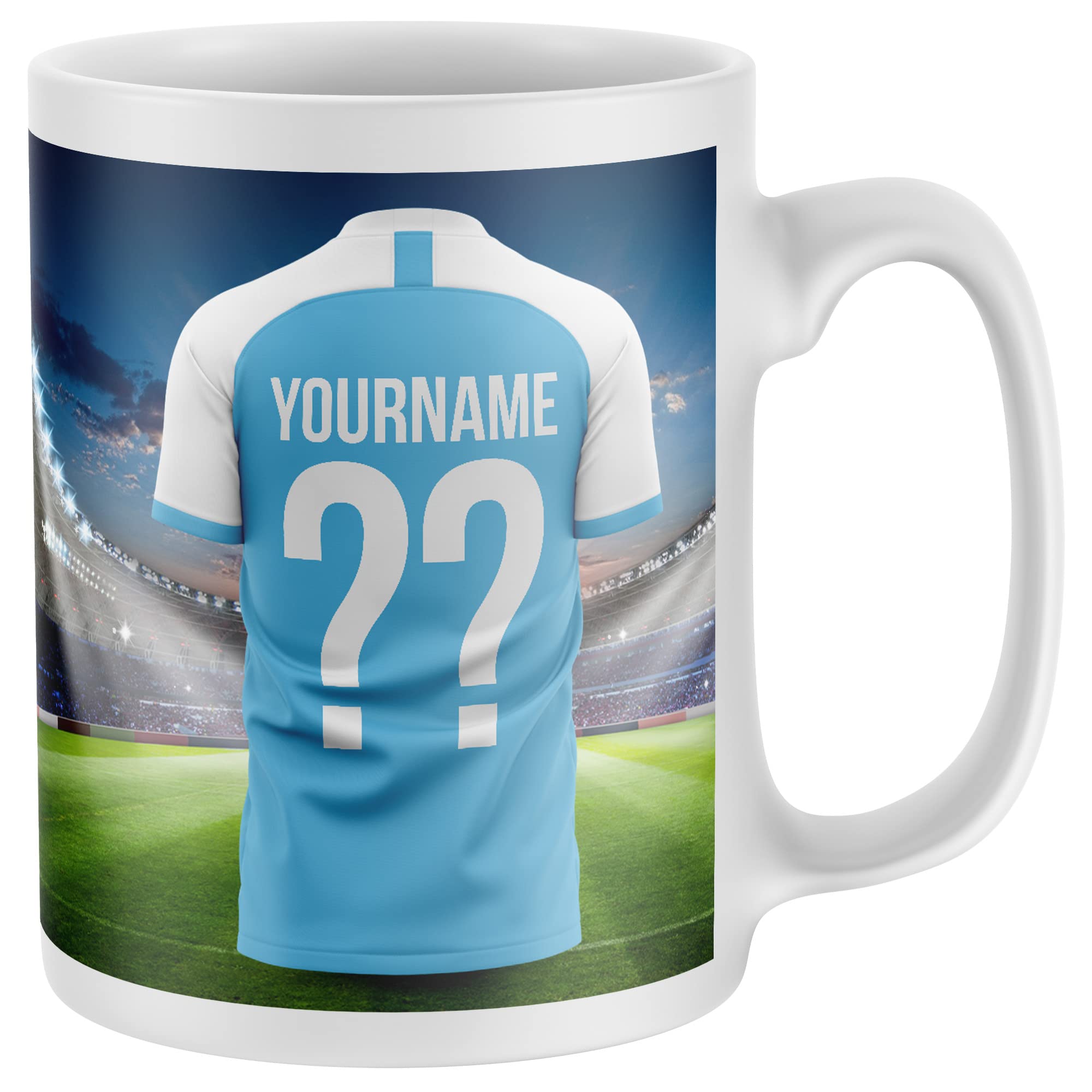 Personalised Supporters Mug, Football Kit Shirt Name and Number Coffee Cup, All Teams and Colours. Fan Birthday Gift Idea for Son, Daughter, Mum, Dad, One Size, Sky Blue White