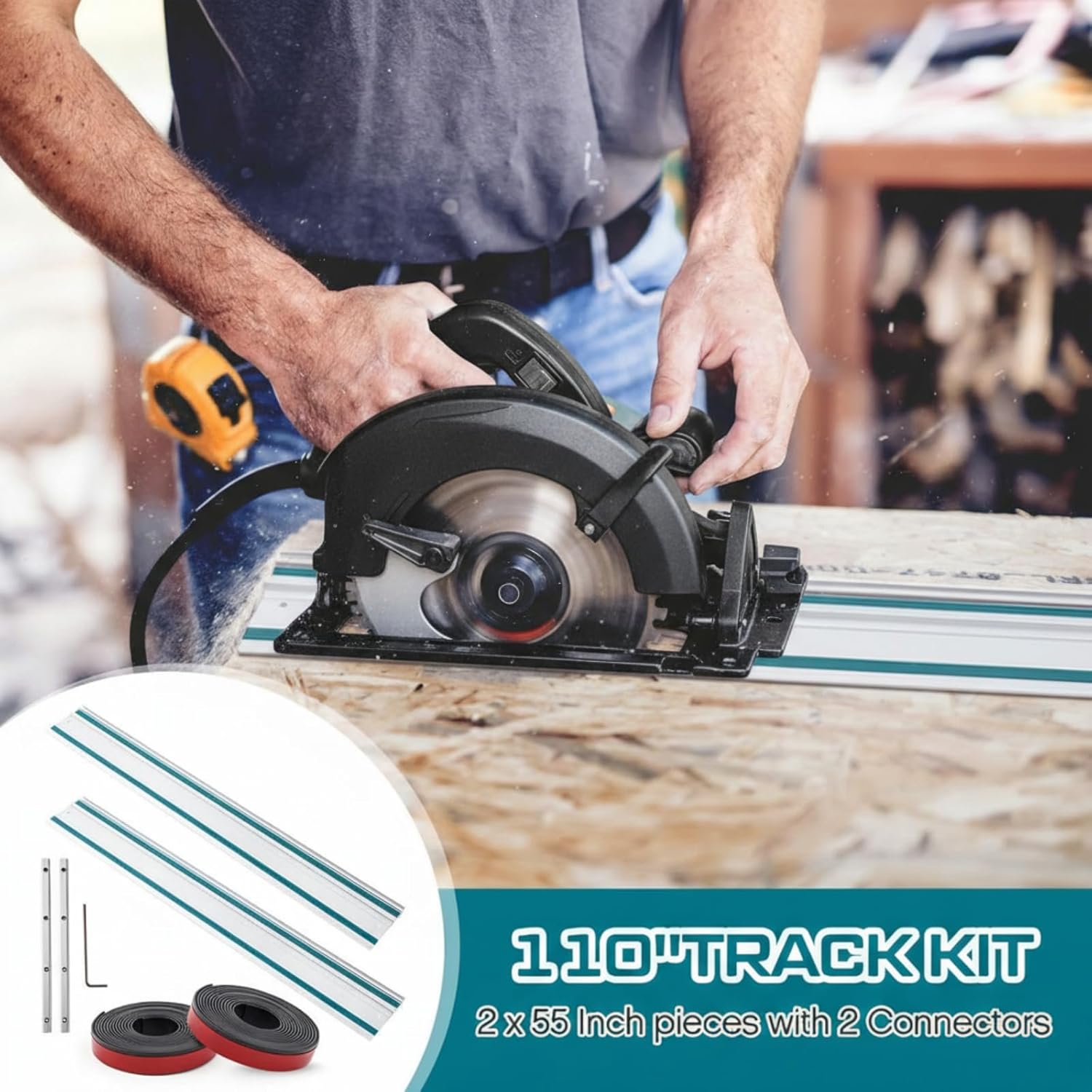 Threlaco 110" Track Saw Guide Rail Joining Set Compatible with Makita, Include 2 x 55" Extruded Guide Rails, Connectors, Splinter Guard Replacement Strip Bars Circular Track Saw Accessories