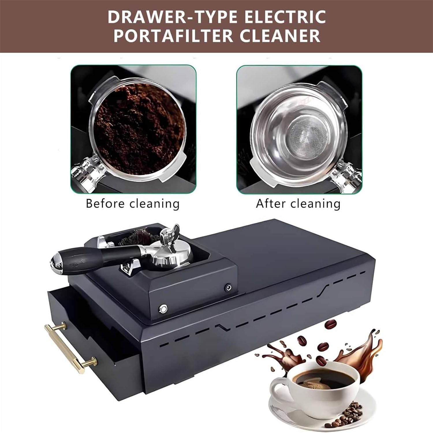 Limpiador automático de posos de café con raspadores y cepillo para un lavado rápido del portafiltro