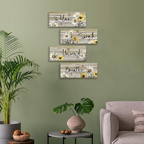 Miniatura 3 de ZINYAZHE 4 piezas de decoración de pared de baño amarillas de margaritas amarillas y mariposas amarillas, arte de pared amarillo para relajarse,