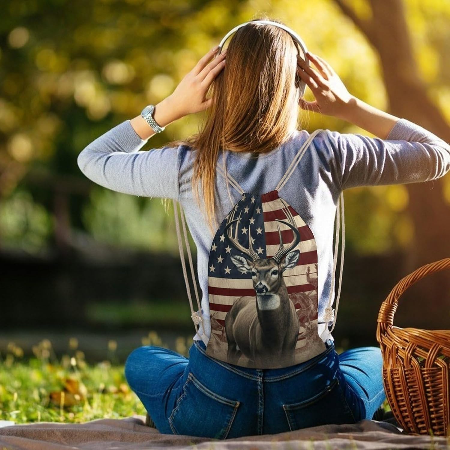 Drawstring Backpack Americana Flag Deer Printed Sport Gym Drawstring Bag Lightweight Cinch Sacks Backpack Drawstring Bags for Yoga Sport Gym Beach Travel Backpacks
