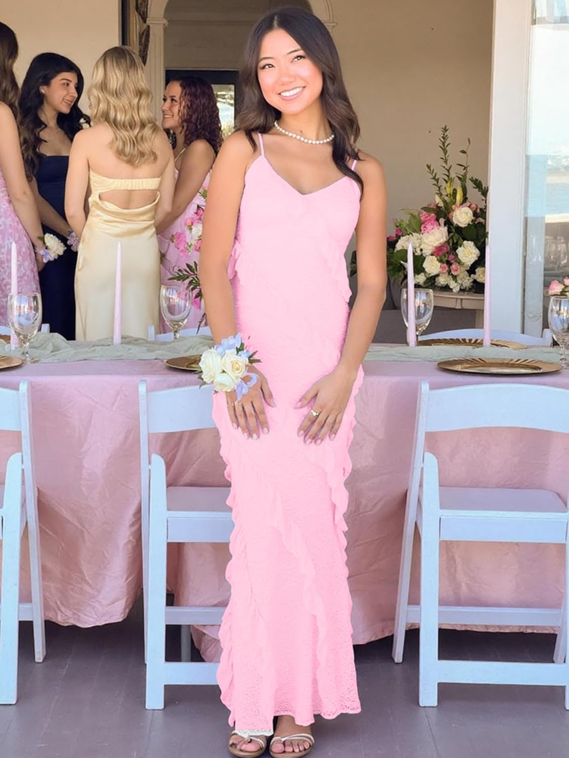 HOCILLE Women's Sexy V Neck Floral Lace Wedding Bodycon Spaghetti Strap Elegant Ruffle Maxi Cocktail Party Dresses - Image 6